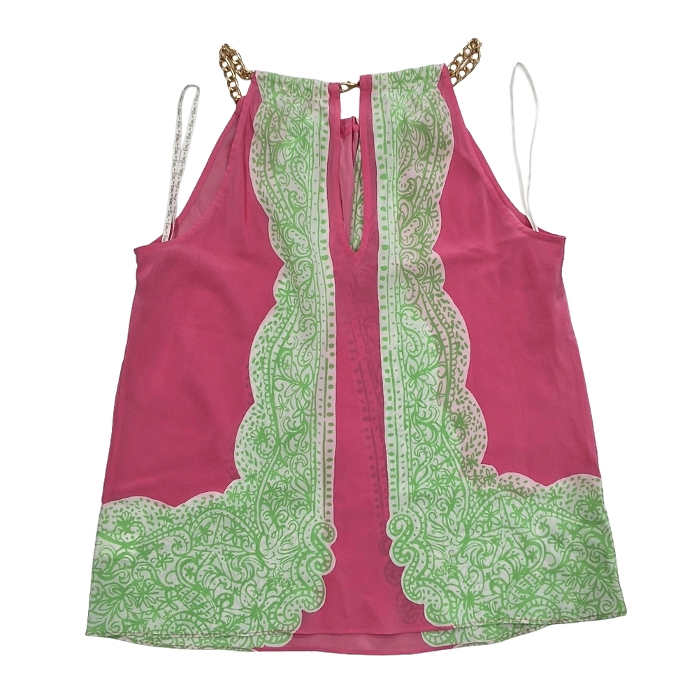 Lilly Pulitzer~Women Riviera Hotty Pink Day Breakers Tank Top~Silk~Lime Green~M - Picture 4 of 7